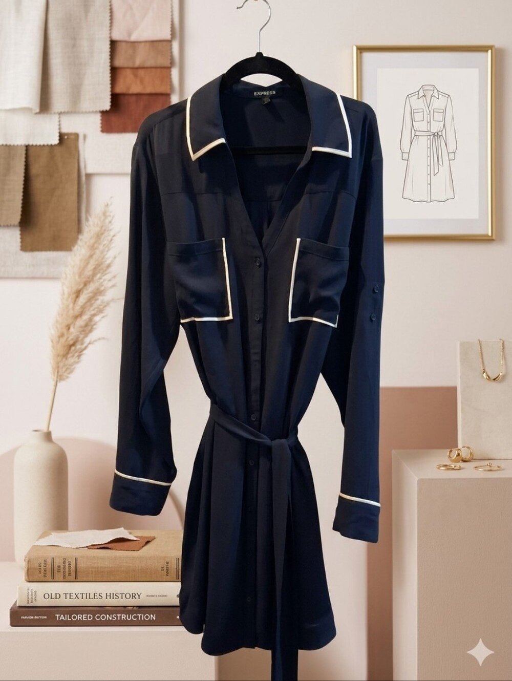 Express Navy Blue Button-Down Shirt Dress with Contrast Piping - Size XL